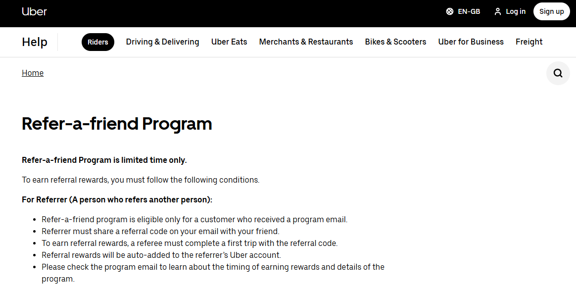 Uber referral program interface showing friend invitation system with rewards for both referrer and new user, demonstrating effective growth marketing referral strategy
